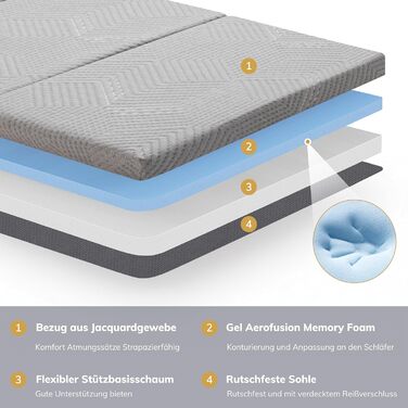 Складаний матрац EGO Home 65x196 см, 3-секційний складаний матрац, рівень жорсткості H3, висота 10 см, складаний матрац з гелевого пінопласту 196x65 см для подорожей, кемпінгу, використання на свіжому повітрі, підлога, гостьове ліжко, сертифікований Oeko-