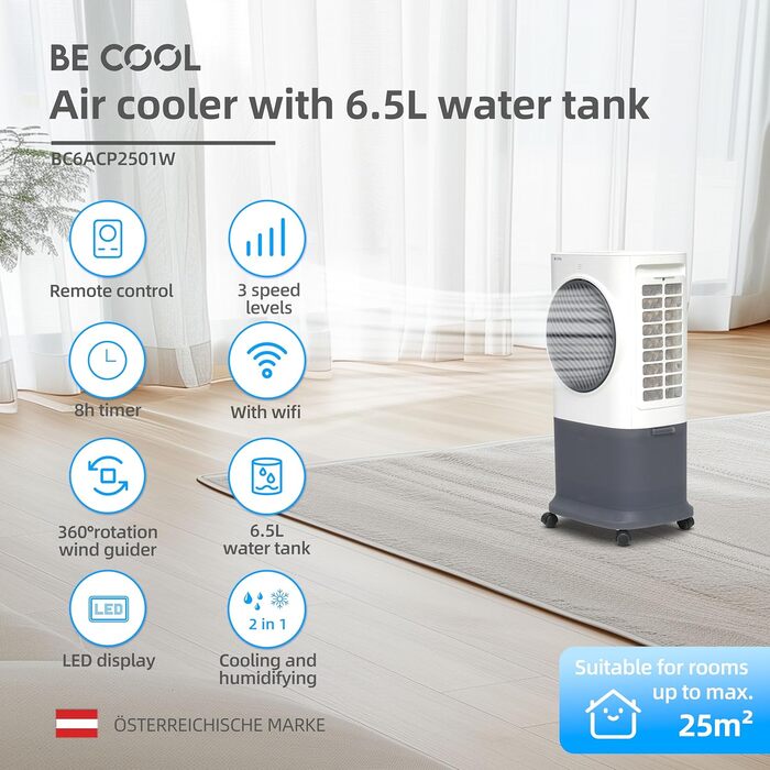 Преміум Повітряний охолоджувач BC6ACP2501W з WiFi, резервуар для води 6,5 л, продуктивність 340 м/год, таймер, пульт дистанційного керування, LED-дисплей, 3 режими, мобільний, тихий (50 дБ)