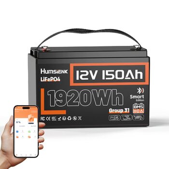 Акумулятор Humsienk 12V 150Ah LiFePO4 з Bluetooth, 110A BMS 1920Wh глибокого циклу літієвої батареї, захист від низьких температур, ідеально підходить для автофургонів, тролінгових моторів, яхт, човнів 12V 150AH-Bluetooth