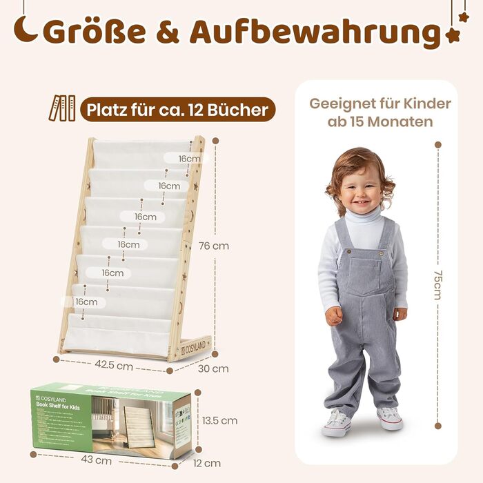 Дитяча книжкова полиця COSYLAND з 6 полицями з тканини Оксфорд - Дитяча книжкова полиця з натурального дерева - Дитяча книжкова полиця з закругленими кутами та компактна, 42Д x 30Ш x 76В см (колір натурального дерева, середній)