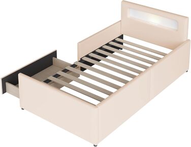Сучасне дитяче ліжко 90x200 см з м&39якою оббивкою, ліжко з рейковою основою та місцем для зберігання речей, м&39яке узголів&39я зі світлодіодним нічником та USB-портом для зарядки, штучна шкіра, дитяче ліжко для хлопчиків та дівчаток (бежевий)