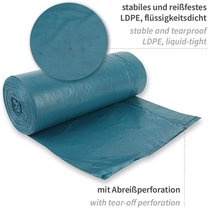 Сміттєві пакети Franz Mensch на 75 предметів, 120 л зі шнурком, LDPE, сині, стійкі до розриву, рулонні, для утилізації відходів, приблизно 45 мкм