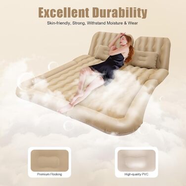 Надувний матрац для автомобіля, позашляховик, надувне ліжко, надувне ліжко для кемпінгу, комбіноване портативне ліжко, знімний надувний матрац для подорожей, кемпінгу, активного відпочинку на свіжому повітрі, з 2 подушками та надувним насосом (бежевий)