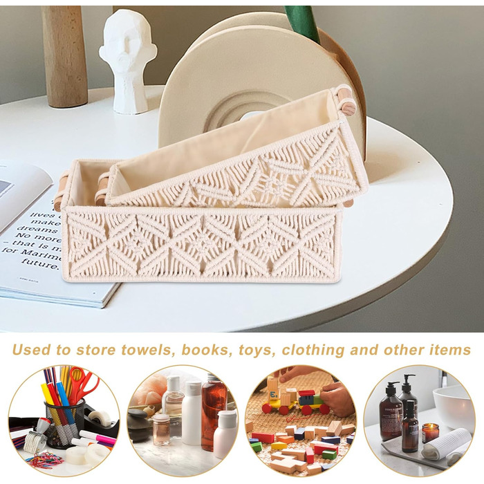 Кошики для зберігання макраме кошик для зберігання в стилі бохо з дерев&39яною ручкою, кошик для зберігання у ванній кімнаті, набір плетених кошиків макраме ручної роботи для ванної кімнати, спальні та гардеробної, 2