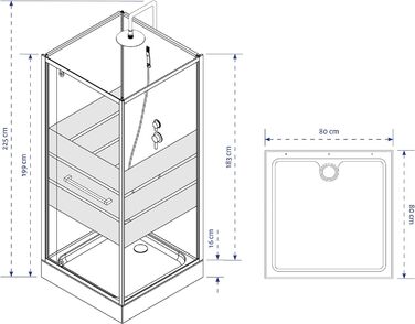 Збірний душ Dusy 80 x 80 x 225 см Душова кабіна з фронтальним доступом Душова кабіна з високоякісними алюмінієвими профілями Висота входу 16 см