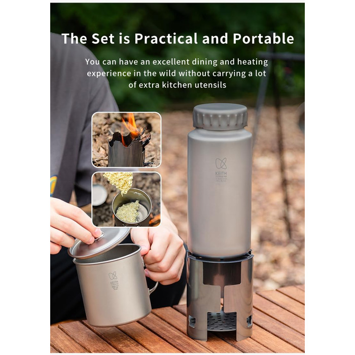 Набір для гніздування Keith Titanium Ti3070 - надлегка титанова пляшка, чашка та дров&39яна піч без пластику з полотняною сумкою для перенесення - міцний, портативний та екологічно чистий для кемпінгу, походів та