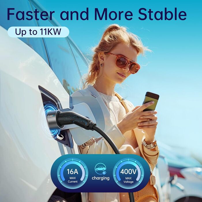 Зарядний кабель для електромобілів QIAO тип 2, 11 кВт 5M 16A 3-фазний, IEC 62196 зарядний кабель для електромобілів від типу 2 до