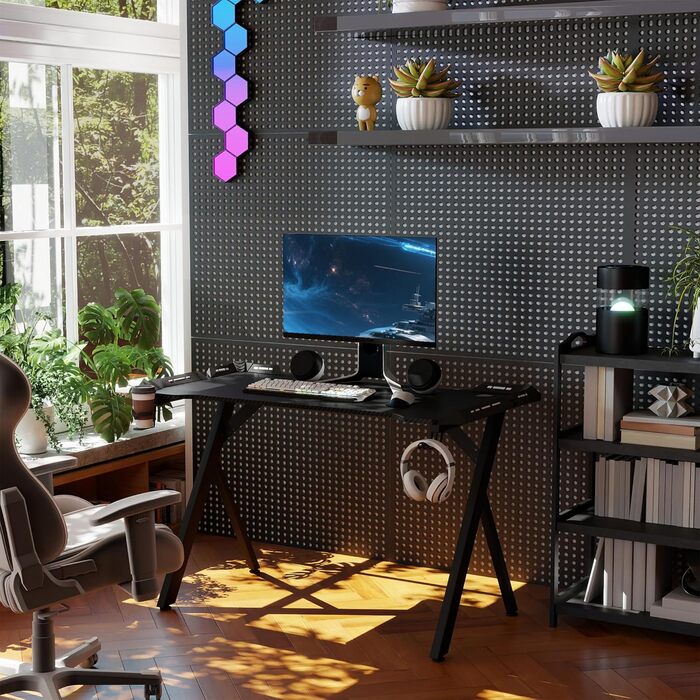 Ігровий стіл зі світлодіодним підсвічуванням та Y-подібною рамою, стійкість завдяки нековзним ніжкам, ігровий стіл з RGB-підсвічуванням та пультом дистанційного керування, комп&39ютерний стіл, тримач для навушників та підсклянник, чорний - 140x60x75 см