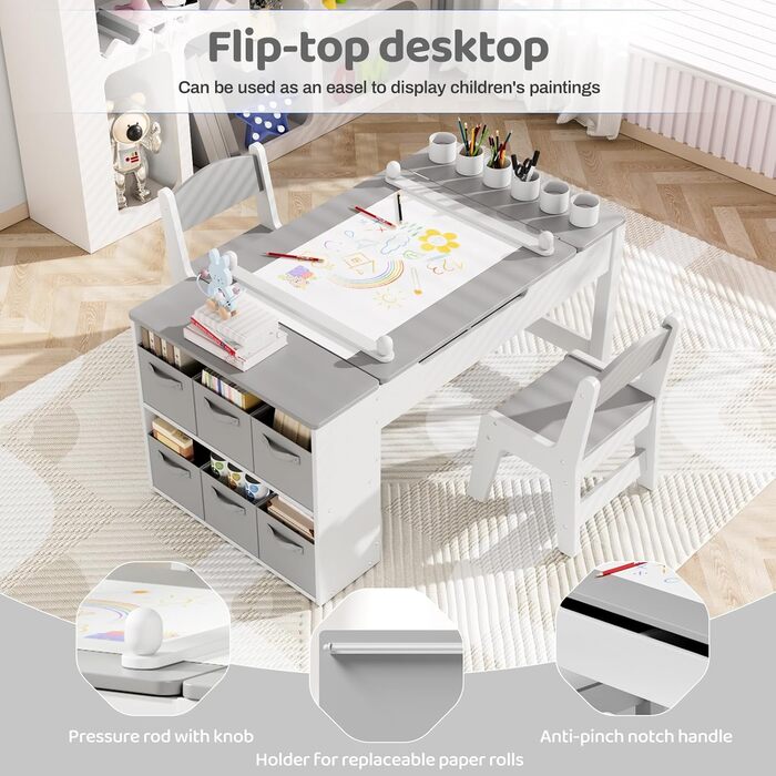 Дитячий стіл MAMIZO з 2 стільцями, дерев&39яний дитячий стіл та комплект стільців, дитячий комплект сидіння з місцем для зберігання та рулоном паперу, стіл для малювання та рукоділля, художній стіл для дітей від 3 років, сірий