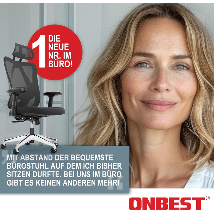 Ергономічне офісне крісло для домашнього офісу та кабінету - з поперековою опорою, регульованим підголівником та підлокітниками - дихаюча сітчаста спинка, широке сидіння, тихі колеса - вантажопідйомність до 150 кг