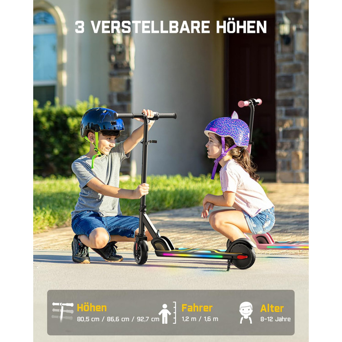 Електричний самокат FanttikRide C9 Pro для дітей 8-12 років, різнокольорові райдужні вогні, 8/12/16 км/год, запас ходу 8 км, світлодіодний дисплей, регульована висота, складаний, для хлопчиків та дівчаток, чорний