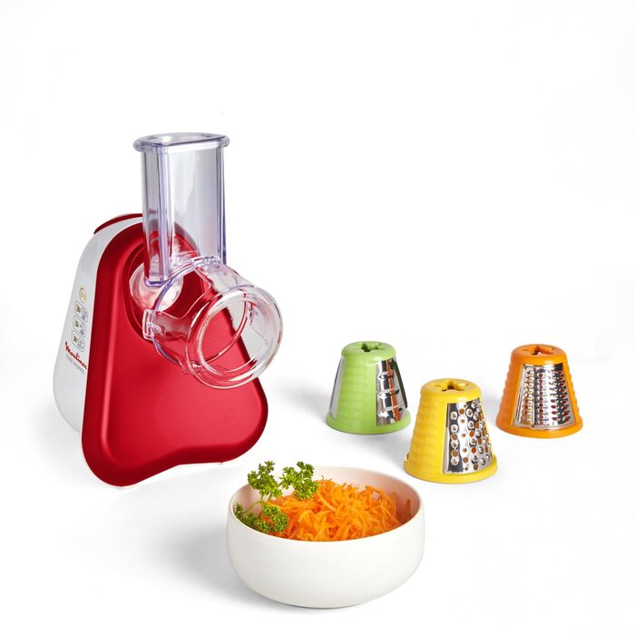 Електрична овочерізка Moulinex Fresh Express 3-в-1, 150 Вт, 3 насадки (дрібна тертка, шинкувач, тертка для сиру), Made in France, червоний/білий, DJ7535