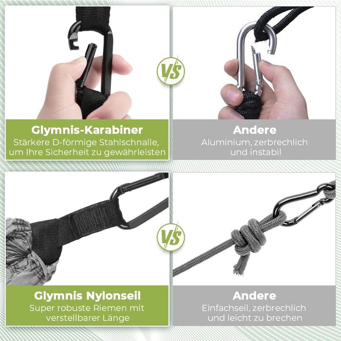 Ультралегкий гамак для подорожей Glymnis з підвісними тросами та сталевими карабінами, вантажопідйомність до 300 кг, зелено-сірий, 300x200 см