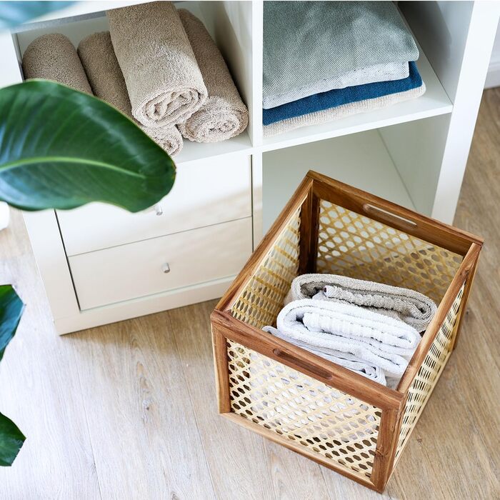 Кошик для зберігання HMF, що підходить для полиць Kallax, кошик з ротанга з віденським плетеним лозом та деревиною акації Візерунок 2 32 x 34 x 32 см