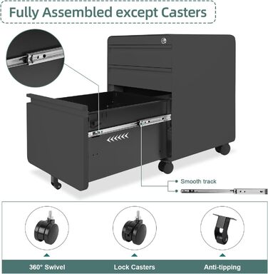 Металевий контейнер на колесах Dripex, сталевий контейнер на колесах з 3 шухлядами та підвісною системою для документів, офісна шафа, що замикається, офісний контейнер, 5 коліс, шафа для документів, 40 x 45 x 60 см, чорний, 40 x 45 x 60 см
