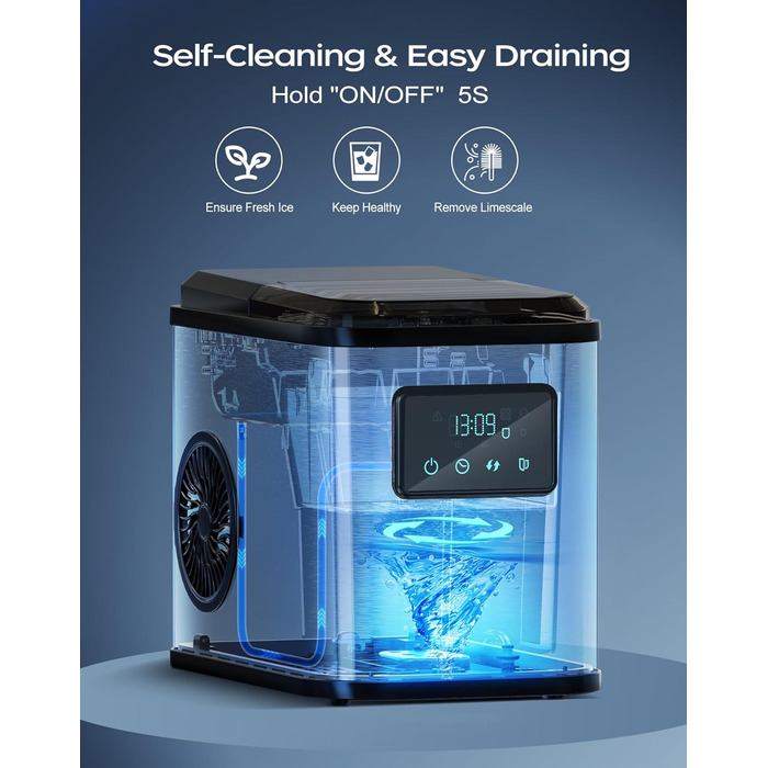 Машина для льоду з нержавіючої сталі KeeGone зі світлодіодним дисплеєм, льодогенератор Льодогенератор і функція очищення, резервуар для води на 2 л, включаючи лопату для льоду та кошик, 2 розміри кубиків льоду для кухні, офісу, бару та вечірки