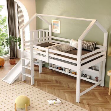 Дитяче двоярусне ліжко 90 x 200 см з гіркою, Багатофункціональне дитяче ліжко зі сходами та полицею для зберігання, Односпальне ліжко Treehouse з місцем для зберігання, Масив дерева МДФ, Білий