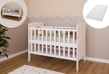 Дитяче ліжко/ліжечко Kids Collective 70x140 см з матрацом, трансформоване ліжечко, регульована висота Біле дитяче ліжко, зроблено в Європі, 70x140 см Від народження до 6 років, 70 x 140 см білий матрац