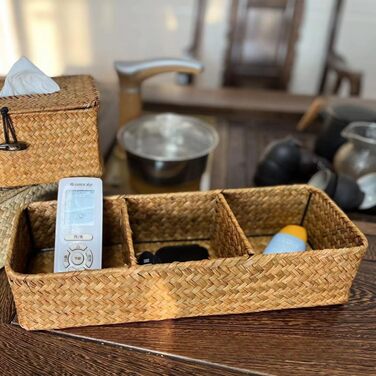 Кошик для зберігання з морської трави для ванної кімнати, плетений кошик для зберігання, плетена скринька для зберігання у ванній кімнаті з 3 відділеннями (37 x 12 x 8 см)