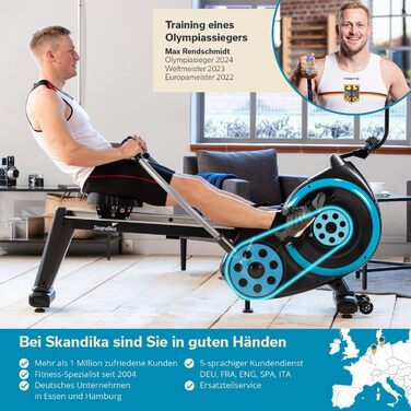Домашній веслувальний тренажер Skandika Nordlys Автентичне відчуття веслування завдяки поворотним важелям на кулькових підшипниках, складаний, магнітний опір, 16 рівнів, 21 програма тренувань, Bluetooth, додаток Kinomap, веслувальний тренажер