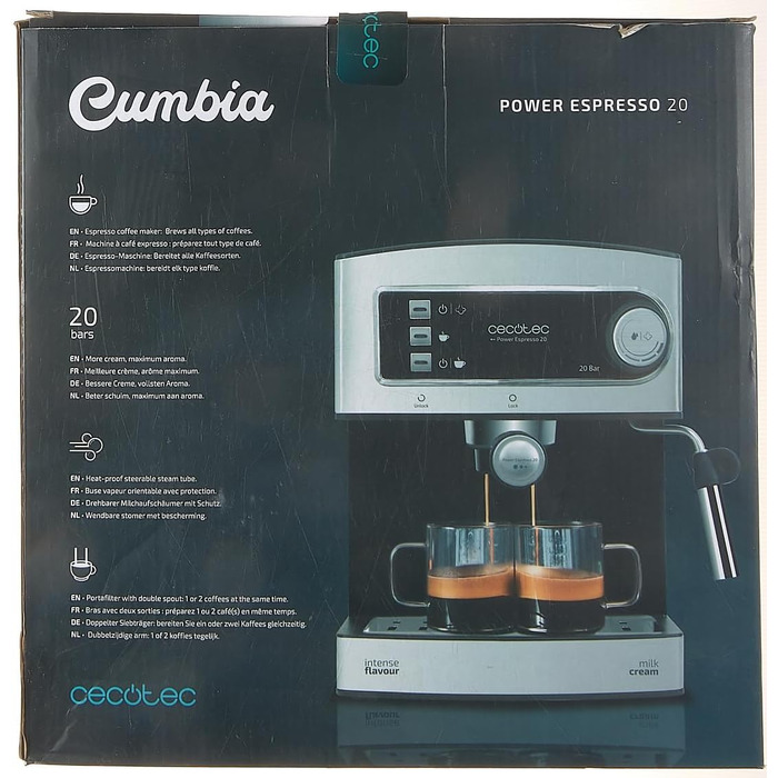 Еспресо-машина Cecotec Cumbia Power Espresso 20 Barista Aromax. Потужність 2900 Вт, 2 системи опалення, насос під тиском 20 бар, манометр, подвійний тримач фільтра на виході та 2 фільтри (базовий)