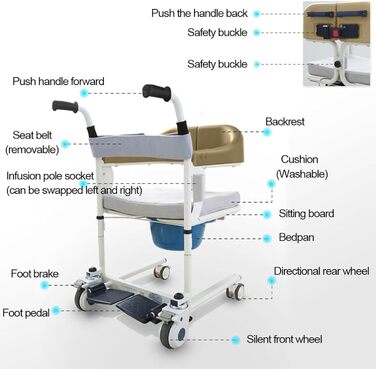Підйомне крісло для перенесення пацієнтів, регульована підйомна ванна Мобільний комод інвалідний візок, підйомник для інвалідів, з м'яким сидінням, підстилка, для реабілітації в будинку престарілих, коричнево-коричневий