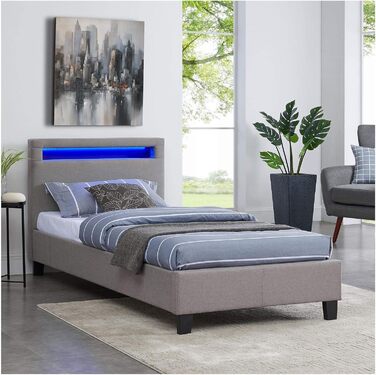 М'яке ліжко Гімалаї зі світлодіодним підсвічуванням односпальне молодіжне ліжко 90x200 см з рейковим каркасом, в сірому тканинному