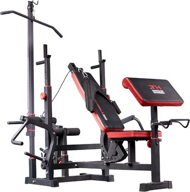 Багатофункціональна силова лава Train Hard з силовою станцією для тяги ширшого хвата, дисками вагою від 90 до 150 кг, штангою та комплектом штанг, що складається зі штанги, гантелей та грифа для згинань рук штанги 100 кг, гантелей та грифа для згинань рук
