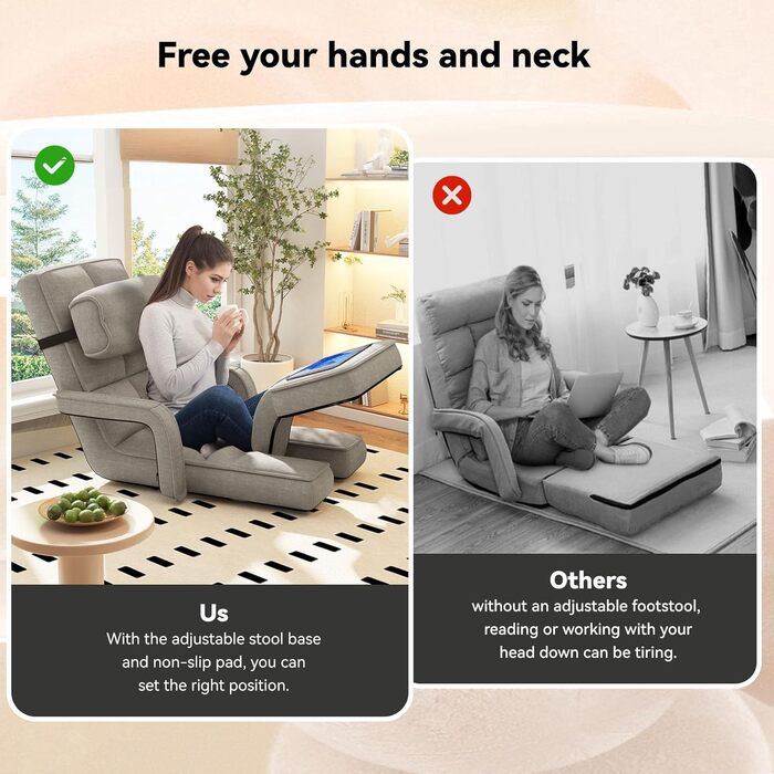 Крісло UNIONLINE, регульоване складне ігрове крісло з підлокітниками, подушкою та підставкою для ніг, одне крісло, ліжко для спальні, для дому, офісу, бежевий