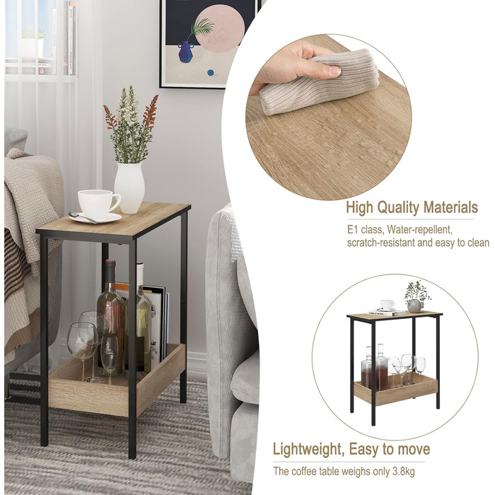Журнальний столик WOLTU з 2 полицями, консольний столик з місцем для зберігання для вітальні, стіл для вітальні з металевого та дерев&39яного композиту, невеликий диванний столик, чорний та світлий дуб, 50x55x25 см, BTS03hei світлий дуб чорний