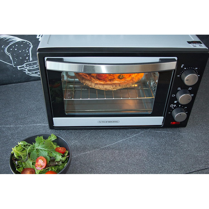Міні-піч STEInBORG 25 літрів Піч для піци Духова шафа 3в1 Міні піч Міні-піч Лоток для крихт Верхній/нижній нагрів Конвекція 60 хв. Таймер 1 600 Вт (25 літрів нержавіюча сталь)