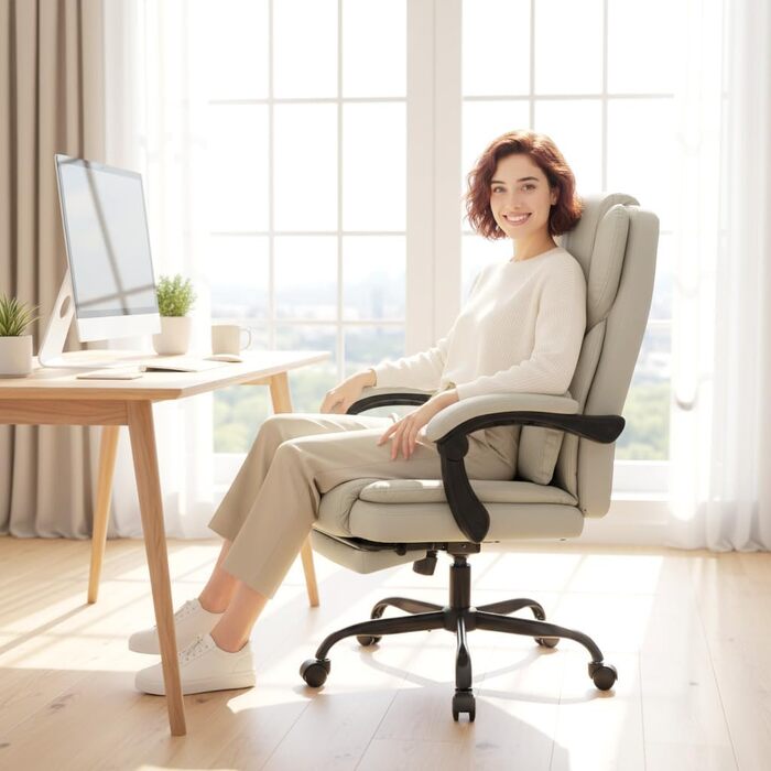 Офісне крісло HOMCOM, ергономічне робоче крісло з регульованою спинкою, підставкою для ніг, поворотне крісло з регульованою висотою зі штучної шкіри, м&39яке комп&39ютерне крісло, бежевий колір