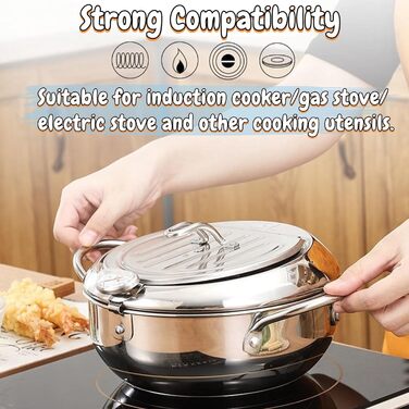Горщик для смаження в японському стилі, маленька фритюрниця з термометром і кришкою, каструля з нержавіючої сталі, сумісна з індукційною плитою (великий розмір 24 см)