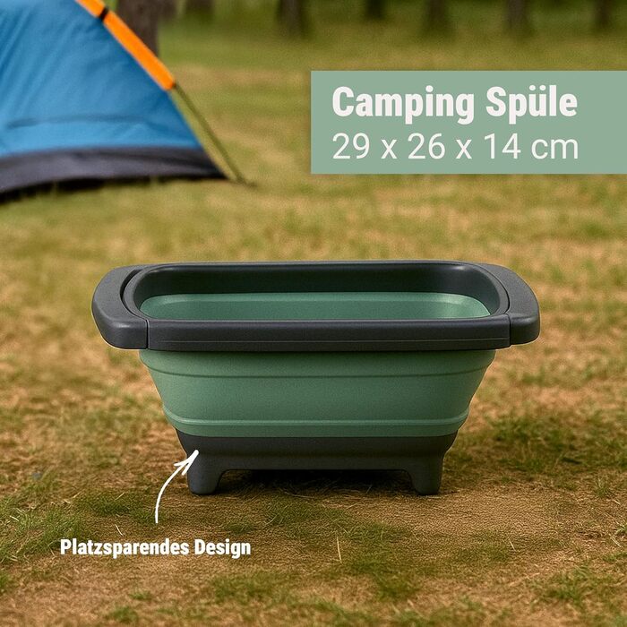Складана раковина Tool & Tree зеленого кольору Кемпінгова раковина зі зливом, нековзними ніжками та висувними ручками Компактна, міцна раковина для використання на свіжому повітрі, подорожей, кухні для автофургонів та кемпінгу