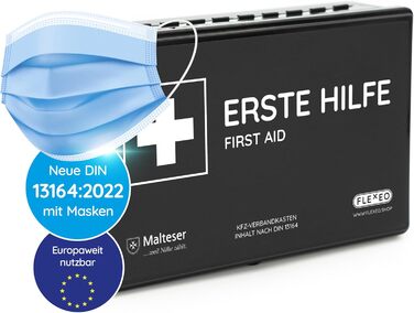 Автомобільна аптечка 2024 ДІЙСНА В ЄВРОПІ згідно StVZO чинний DIN 131642022 СЕРТИФІКОВАНИЙ в т.ч. 2 медичні маски для обличчя апте