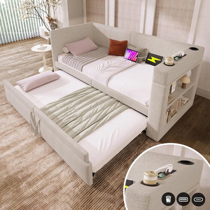 М&39який розкладний диван-ліжко 90/180x200 з USB та портом зарядки Type-C, кушетка з рейковою основою, диван-ліжко, функціональне ліжко, кушетка, без матраца, бежевий бежевий G 90x200