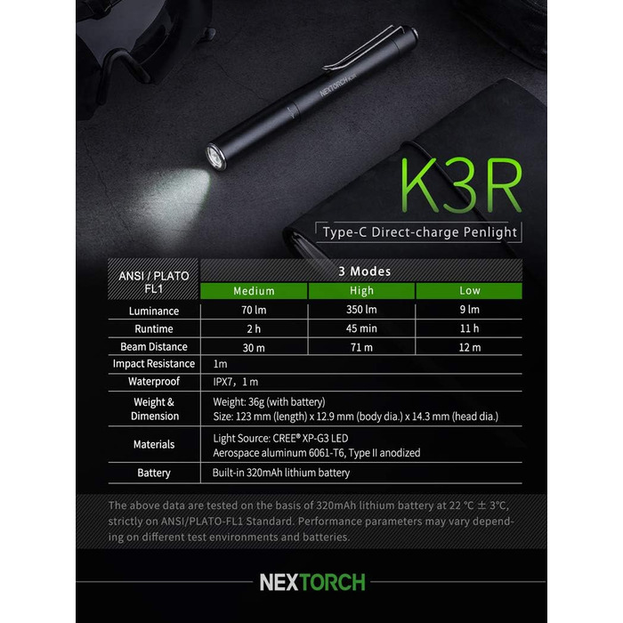 Ліхтарик K3R 350 люмен з USB-C, включаючи акумулятор Nextorch ємністю 320 мАг, 3R -