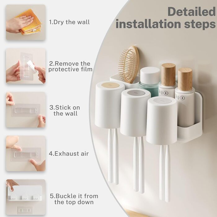 Тримач зубної щітки електрична зубна щітка, підставка чашки для зубної щітки без свердління, самоклеюча настінна підставка для зубної щітки з 3 чашками для зубних щіток, для різних зубних щіток, зубних паст і гребінців
