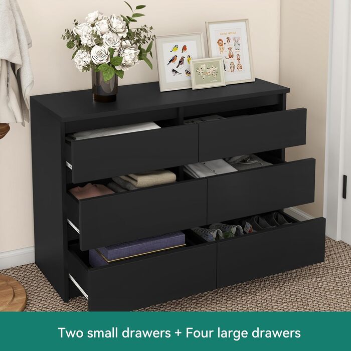Комод YITAHOME, 6 шухляд, шафа для спальні, сучасні меблі 100x30x70 см, міцний та безпечний, виготовлений з дерева, з напрямними для шухляд, чорний