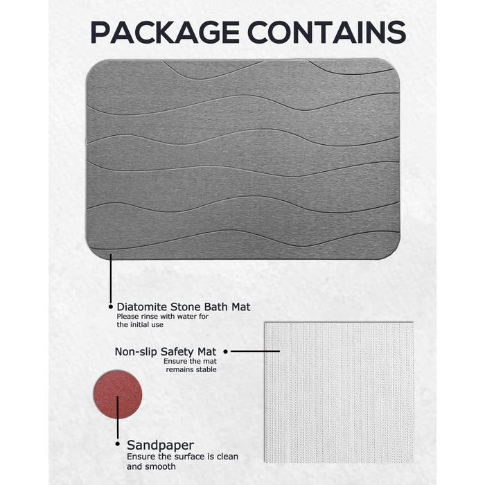 Діатомова земля Килимок для ванни Нековзний, Килимок для ванної Килимок для душу Швидке висихання, 100 натуральний килимок для ванни Камінь, Абсорбуючий килимок для ванної Кам'яний килим Килим для ванної кімнати, 60x39 см, темно-сірий хвилястий