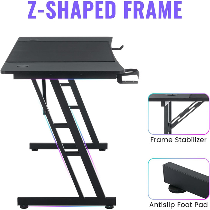 Ігровий стіл, ігровий стіл 120x60 см, комп&39ютерний стіл з підставкою для чашок та гачками для навушників, ергономічний ігровий стіл, Z-подібний ігровий стіл для дому та офісу