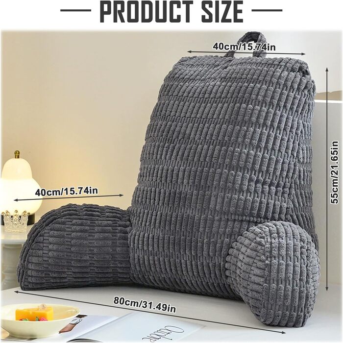 Подушка для читання для ліжка та дивана, диван для дорослих з подушкою для спинки, подушка сидіння з підлокітником, спинка підходить для перегляду телевізора, читання, гри в ігри на мобільному телефоні та гри в ліжку (сіра)