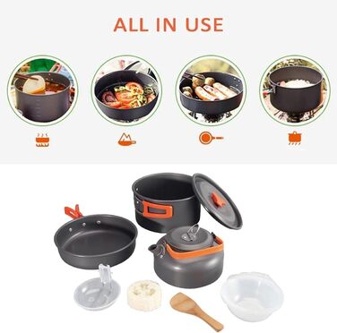 Набір посуду SMHLINE для кемпінгу, 10 предметів каструля 2л, сковорода 0.7л, чайник 1.1л для приготування їжі на природі, походів та подорожей