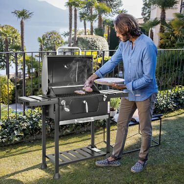 Сталевий вугільний гриль з міцними колесами, подвійним грилем, термометром та регулюванням висоти решітки, вугільний гриль з бічними поличками