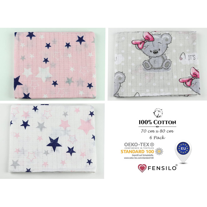 Муслінові серветки - муслінові пелюшки - упаковка 6 70x80 см - тканинні пелюшки, ЗРОБЛЕНІ В ЄС, перевірені на вміст шкідливих речо