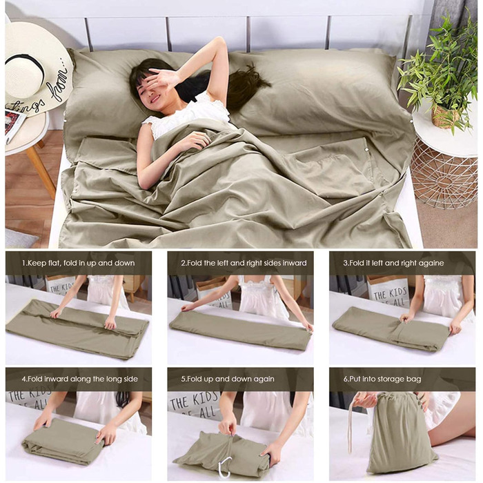 Вкладиш для спального мішка, літній спальний мішок, дорожній спальний мішок, тонкий, легкий та компактний, ідеально підходить для хостелів, гірських хатин, молодіжних хостелів, кемпінгу, активного відпочинку тощо, коричневий, розмір L (210*180 см)