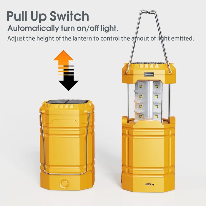 Ручний сонячний кемпінговий ліхтар, портативний надяскравий світлодіодний ліхтарик, 30-35 годин роботи, зарядний пристрій Type-C, портативний зовнішній акумулятор 3000 мАг, електронний ліхтар для вулиці, туристичний ліхтарик для читання, жовтий