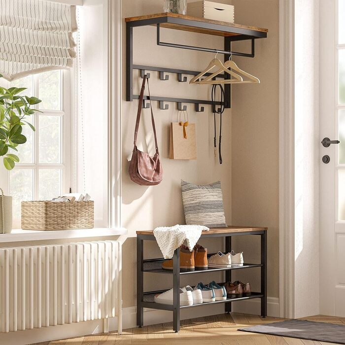 Настінна вішалка з полицею, настінна полиця з 10 гачками і штангами, настінна підвісна полиця, 80 x 30 x 42 см, для передпокою, ві