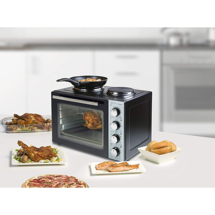 Маленька кухня, міні-піч з подвійною конфоркою, верхній/нижній нагрів з функцією конвекції до 230C, 3200 Вт, чорна міні-піч 31 літр з подвійною конфоркою, 31CP