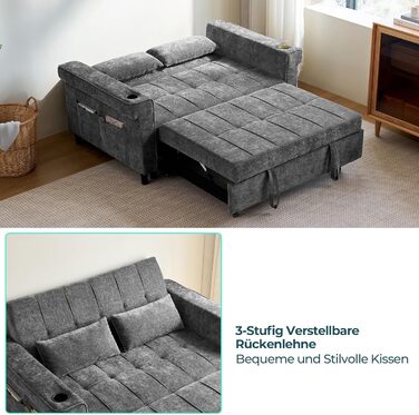 Розкладний диван LINSY HOME 3-в-1, 2-місний диван з функцією сну, розкладний диван-ліжко з шенілу з подушками, бічною кишенею та підставкою для чашок - спальне місце 120 x 190 см сірого кольору 120 x 190 см